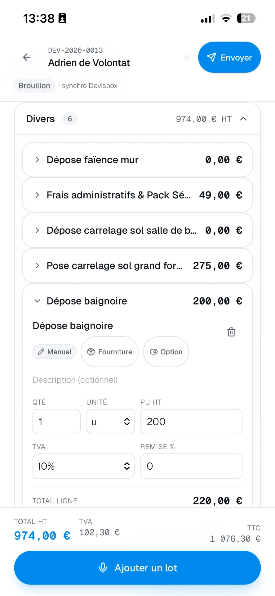 Édition de devis DictaDevi