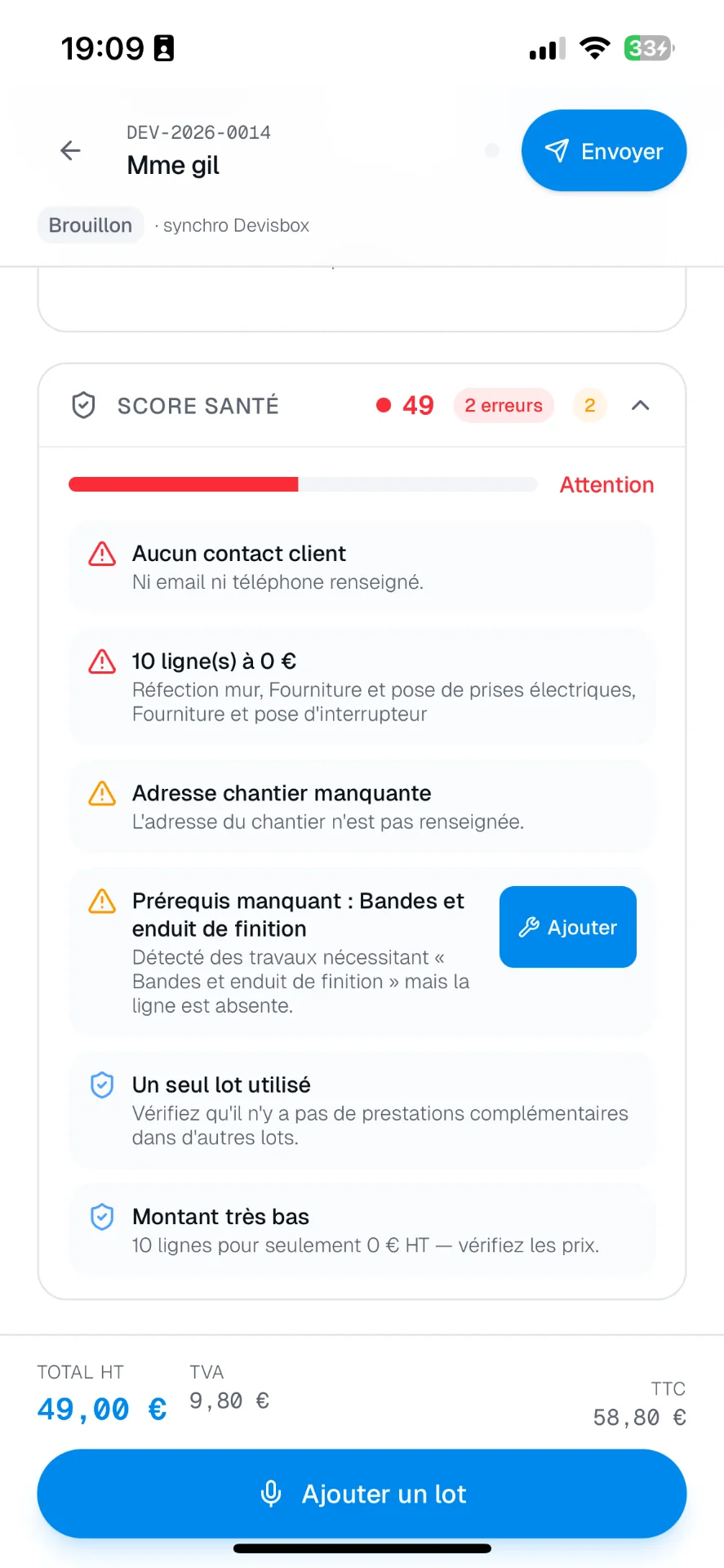 Score santé du devis