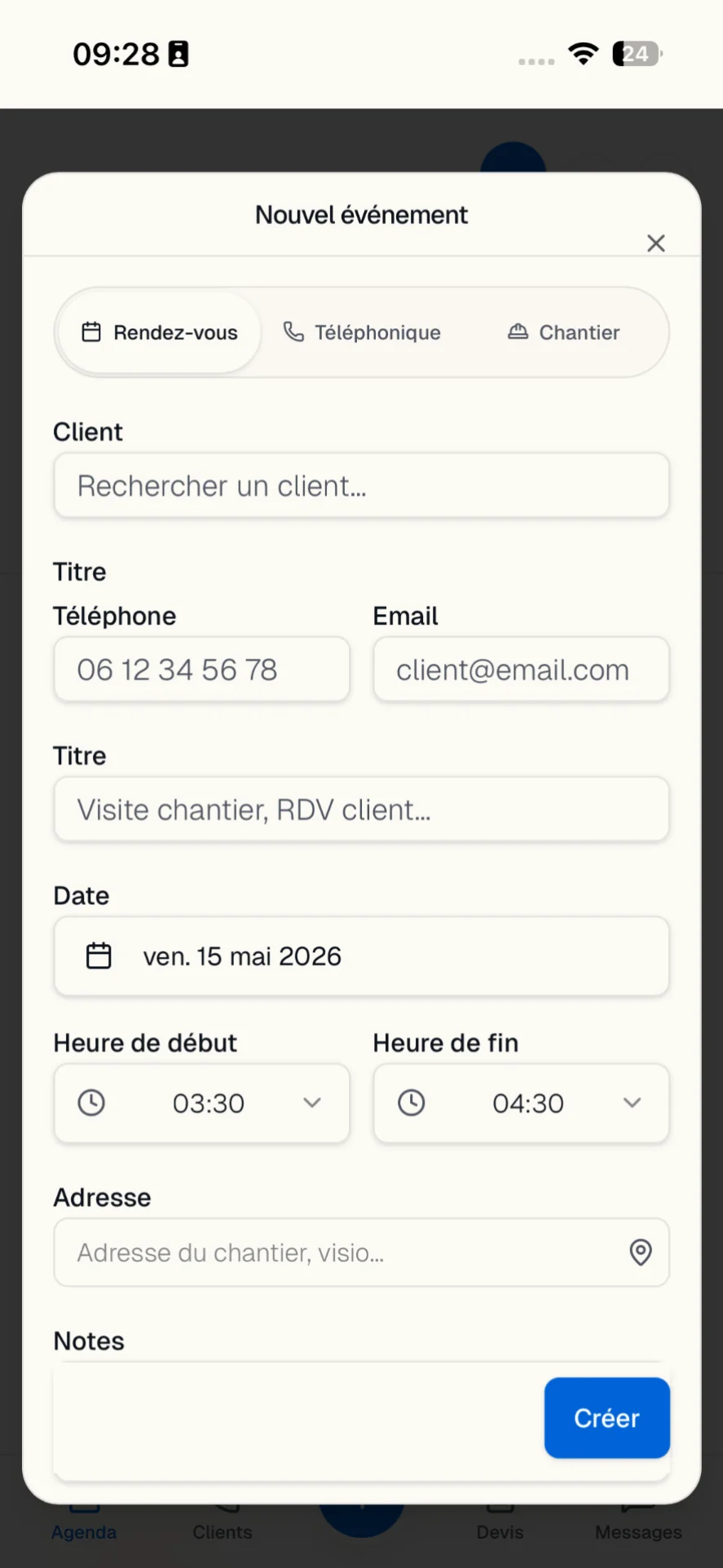 Création d'un nouvel événement