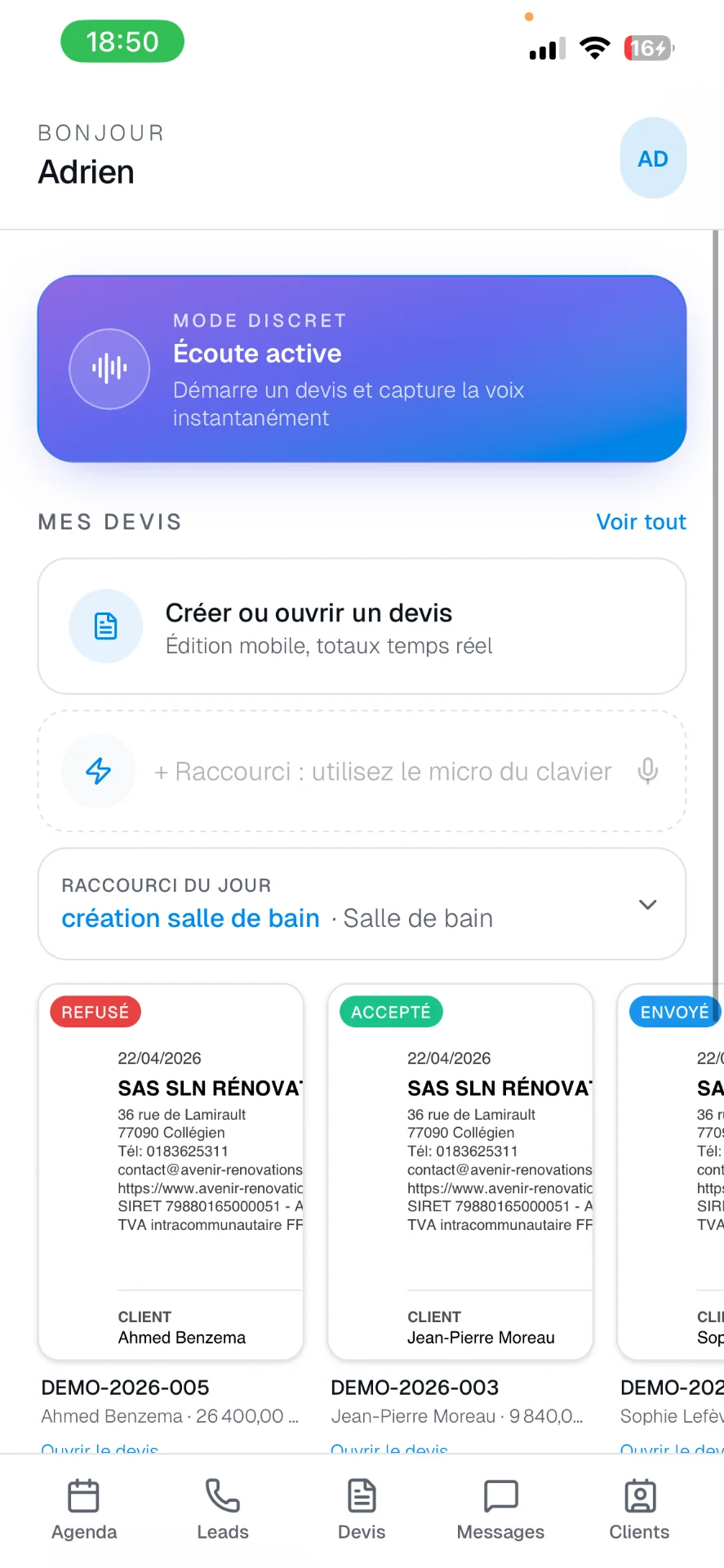 Tableau de bord chantiers et rendez-vous artisan