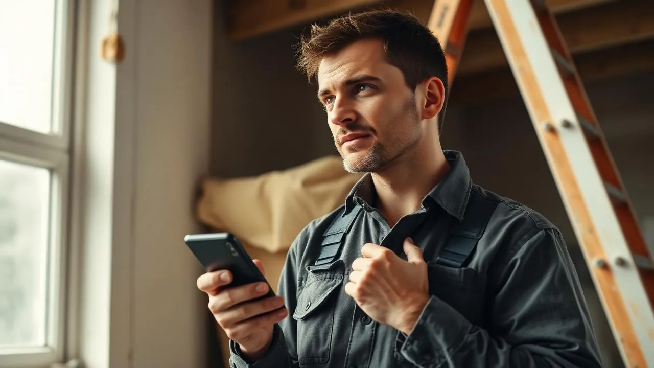 Artisan peintre sur un chantier de rénovation dictant son relevé de métré dans son téléphone tenu près du col